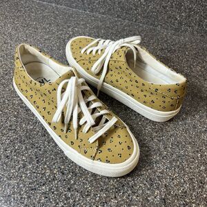 Madewell Women 8.5M Low Top Lace Up Sneaker Mustard/Black/Cream Paw Print Canvas